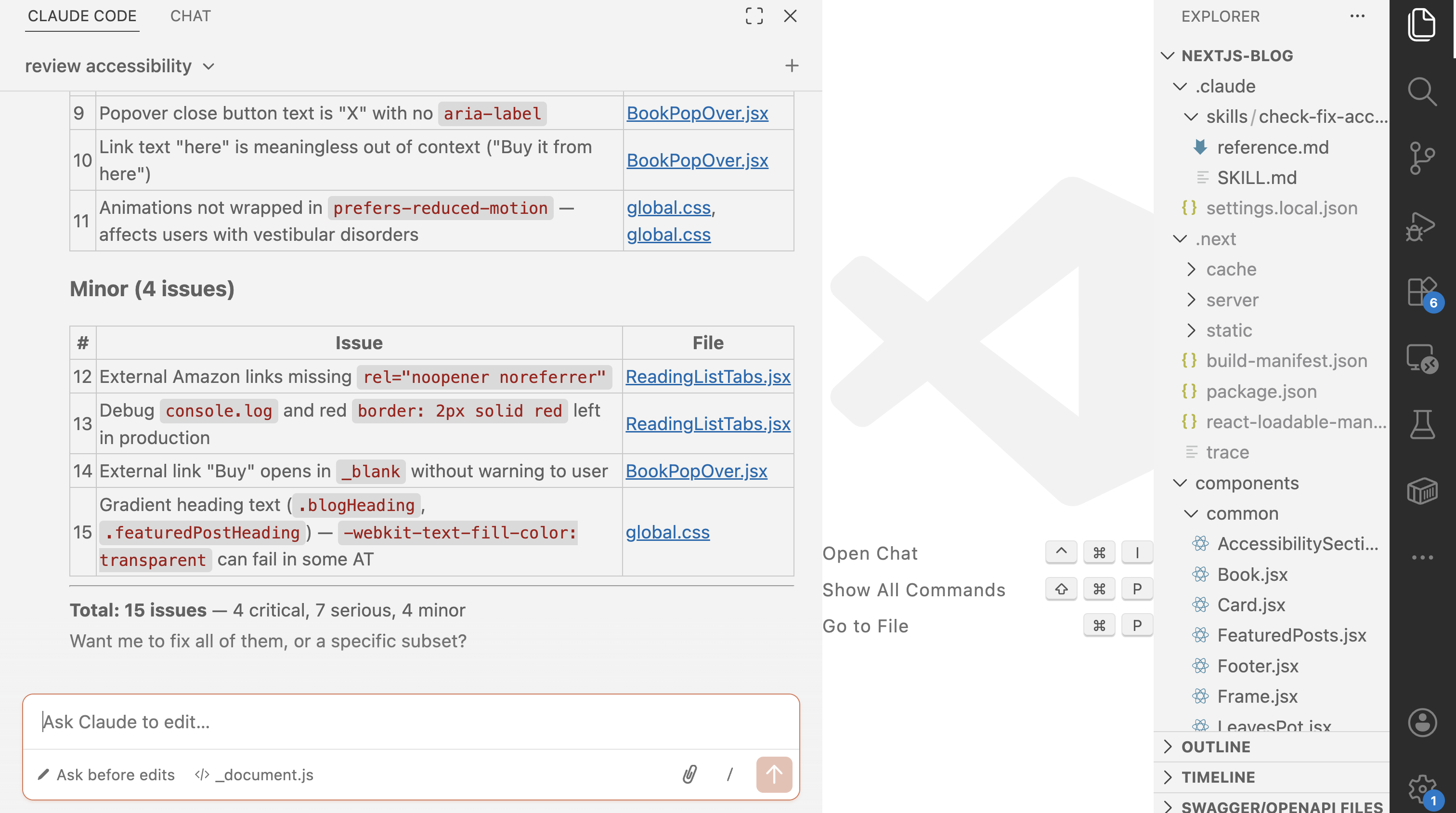 Claude Code running the accessibility audit on nehasharma.dev