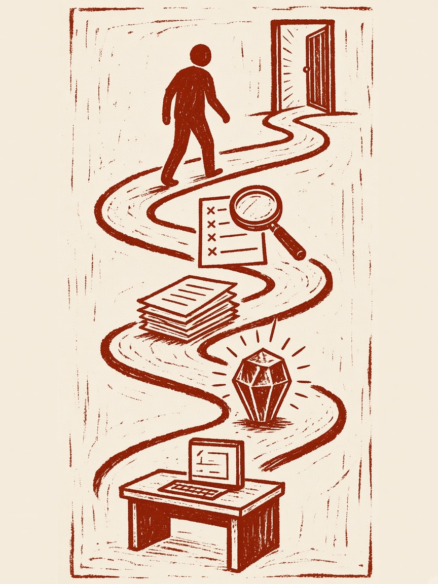 A linocut of a person walking a winding path from a desk, past a gem, papers, and a checklist, toward an open door