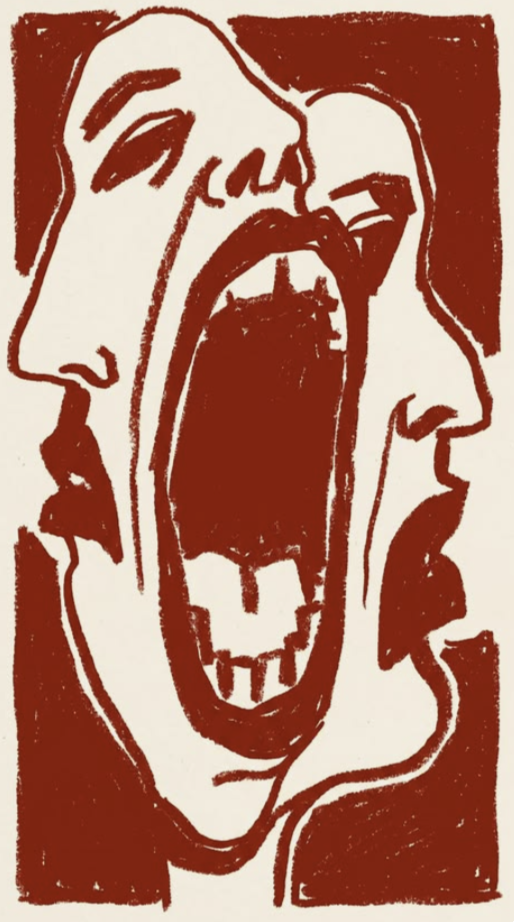 Two faces sharing one scream