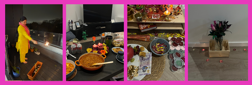Diwali 2024 celebration with diyas, lights, and homemade rangoli decorations in our UK home