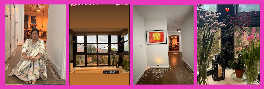 Diwali 2024 celebration with diyas, lights, and homemade rangoli decorations in our UK home