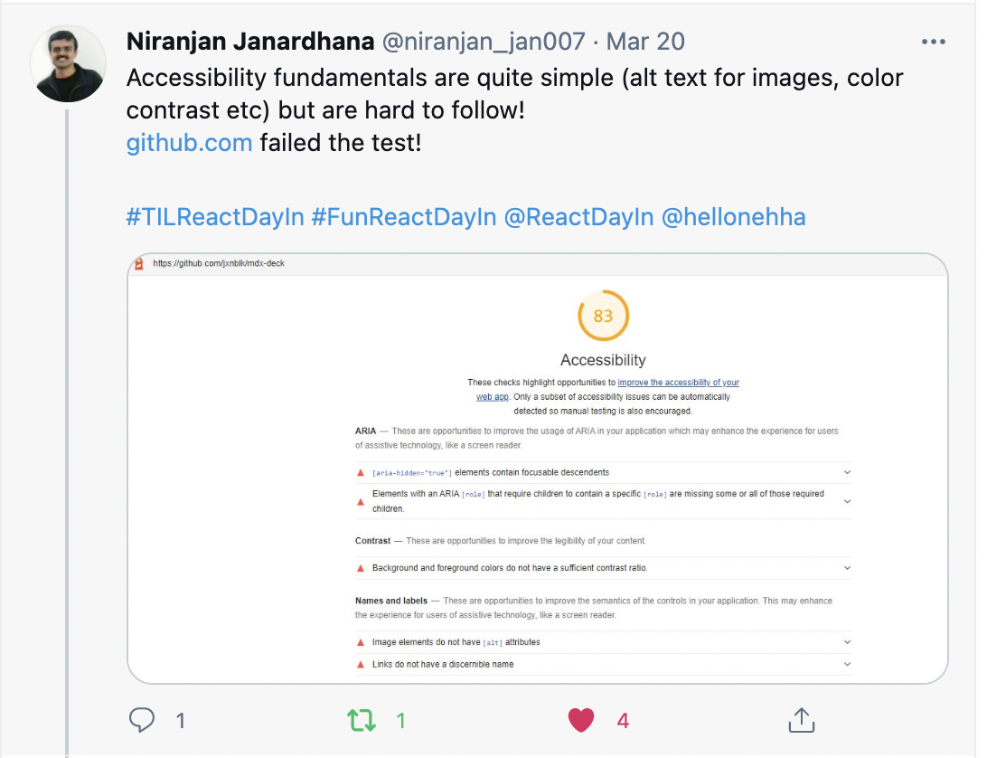 Feedback from Niranjan - accessibility fundamentals are quite - color contrast, semantic tags but hard to follow. Github.com is failing in this