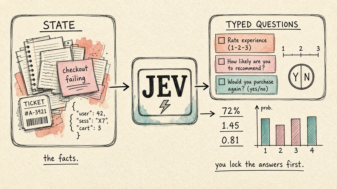 Hand-drawn diagram of state and typed questions going into Jev