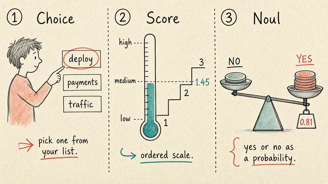Hand-drawn cards for Choice, Score, and Noul
